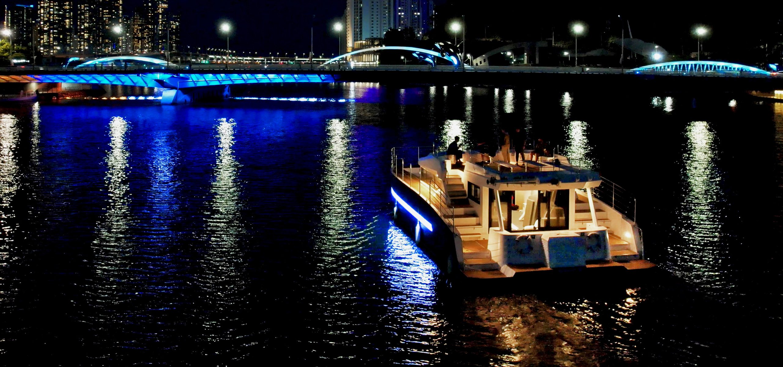 釜山の夜の海を背景に明かりを灯したクルーズ