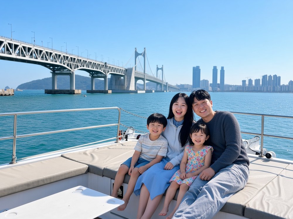 広安大橋を背景にクルーズに乗船したご家族